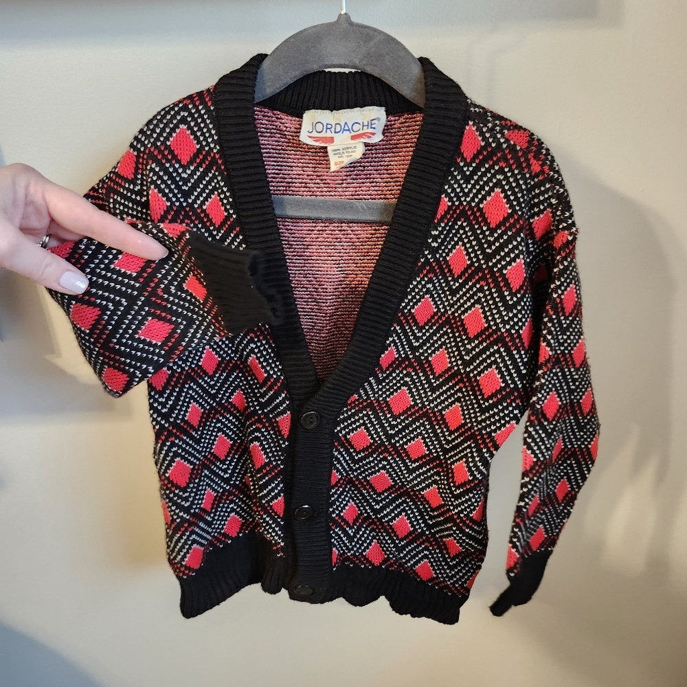 Jordache Vintage Black and Red Geometric Cardigan/Sweater